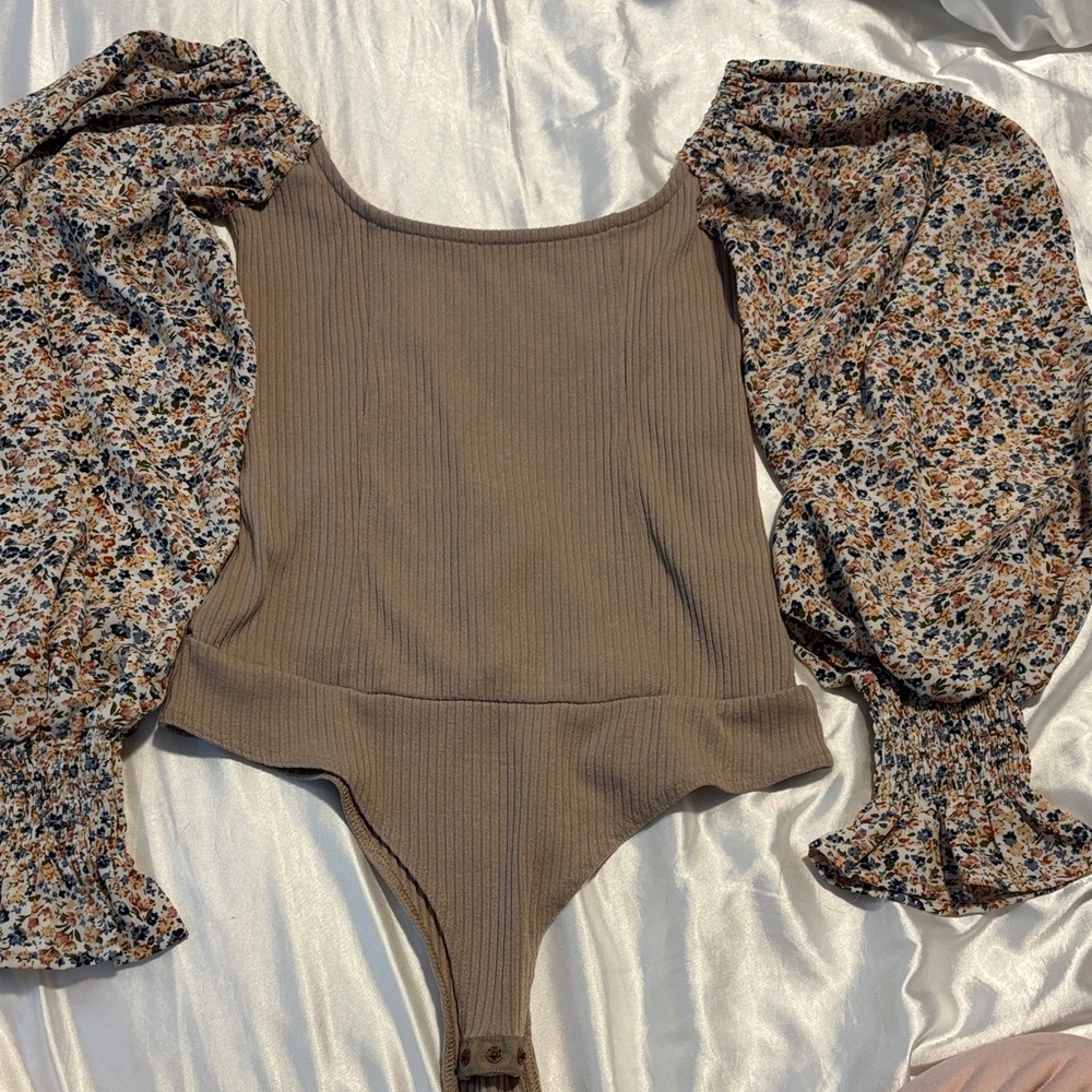 Brown Bodysuit with Floral Sleeves
